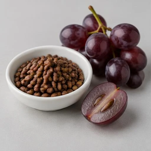 Illustration of grape seeds beside purple grapes