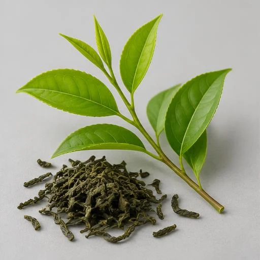 Illustration of fresh green tea leaves and dried tea